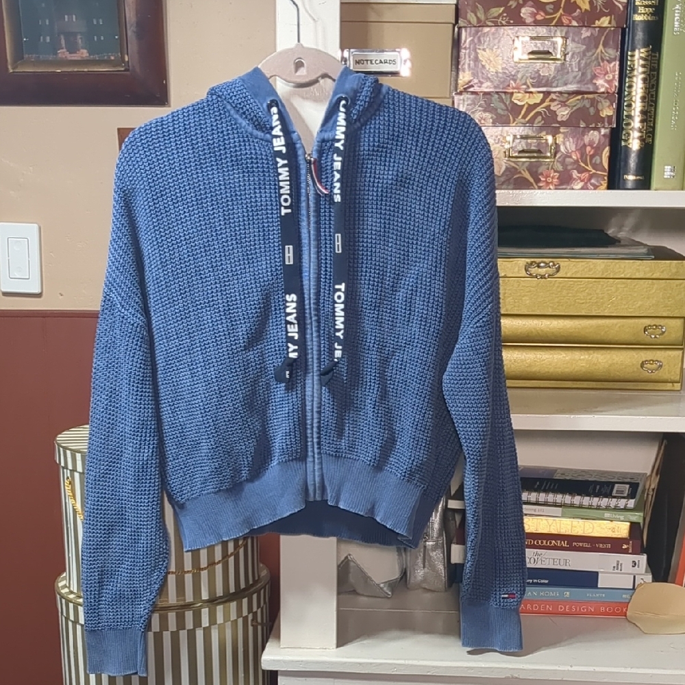 Tommy Hilfiger Blue Zip Up Cropped Beach Hoodie Hooded Waffle Sweater Size Large